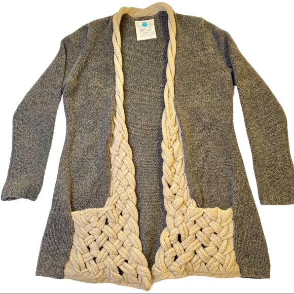 sparrow Sweaters - Sparrow Crochet Knit Grey & Cream 100% Lambswool Open-Front Cardigan Sweater Med